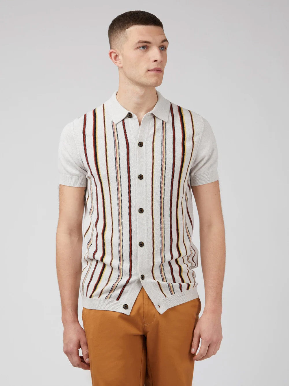Striped Button-Down Knit Polo - Ivory - Ben Sherman