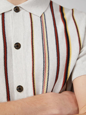 Striped Button-Down Knit Polo - Ivory