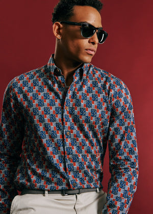 1950s Checkerboard Print Shirt - Indigo
