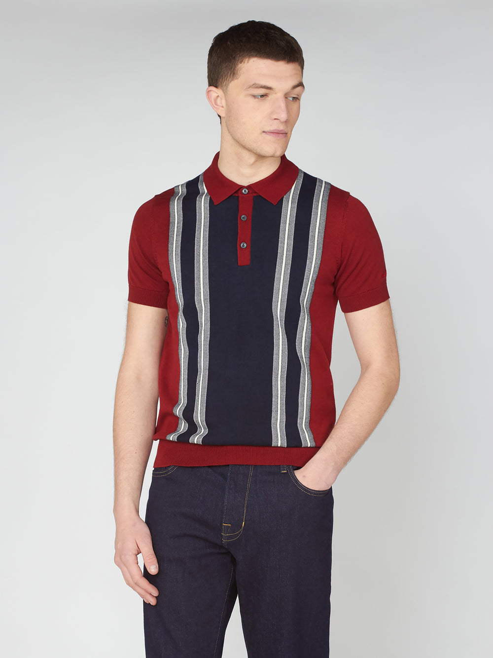 Ben Sherman, Mod Knit Polo, Men's Sweater Polo, Retro Stripe Shirt, Red, front