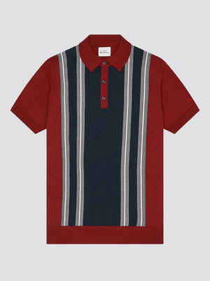 Ben Sherman, Mod Knit Polo, Men's Sweater Polo, Retro Stripe Shirt, Red and blue, front
