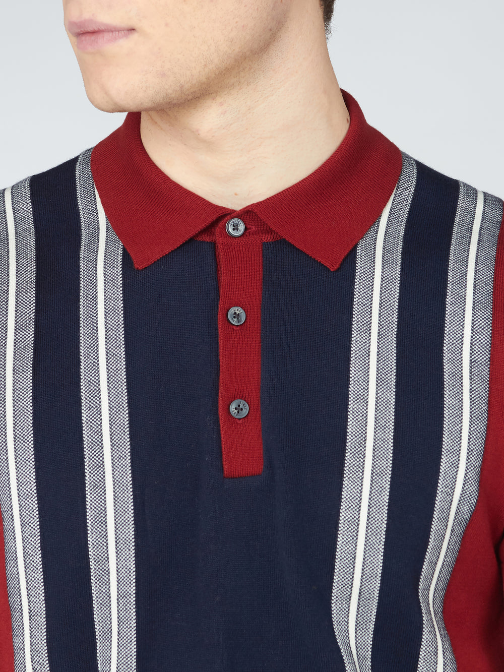 Ben Sherman, Mod Knit Polo, Men's Sweater Polo, Retro Stripe Shirt, Red, front collar detail