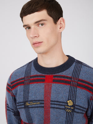 Team GB, Ben Sherman sweater, Men's knitwear, Official 2022 Winter Olympics, Limited Edition Great Britain sweater, Beijing, House check, navy, crew neck, close up