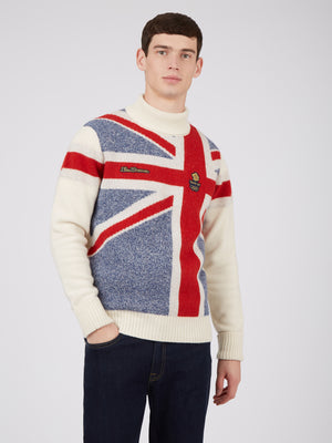 Team GB, Ben Sherman sweater, knitwear, Official 2022 Winter Olympics, Limited Edition Great Britain sweater, Beijing, GB flag, cream, on model