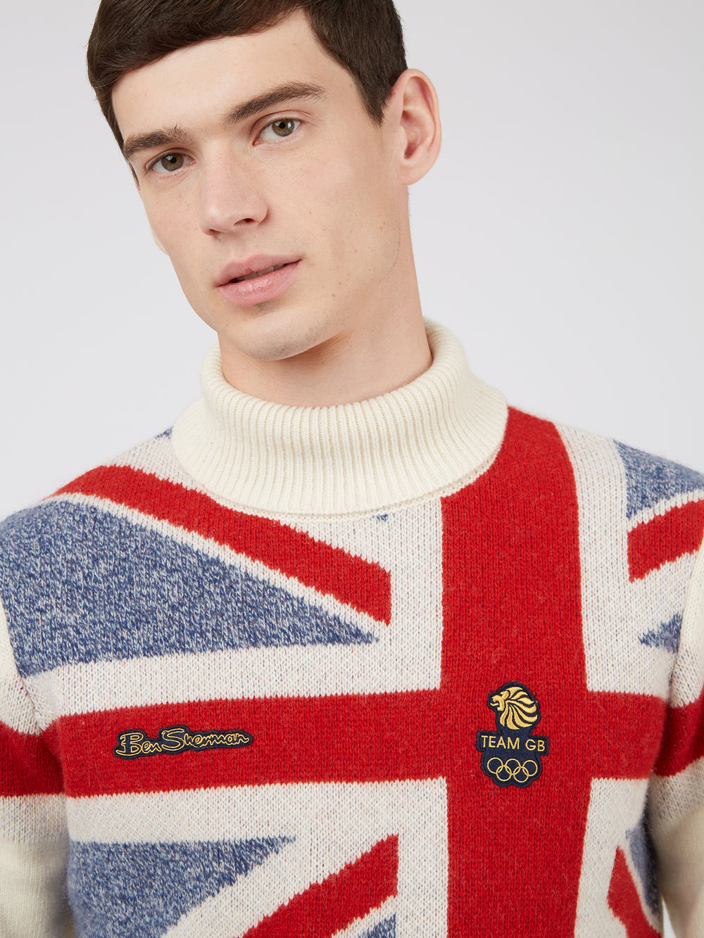 Team GB, Ben Sherman sweater, knitwear, Official 2022 Winter Olympics, Limited Edition Great Britain sweater, Beijing, GB flag, cream, close up
