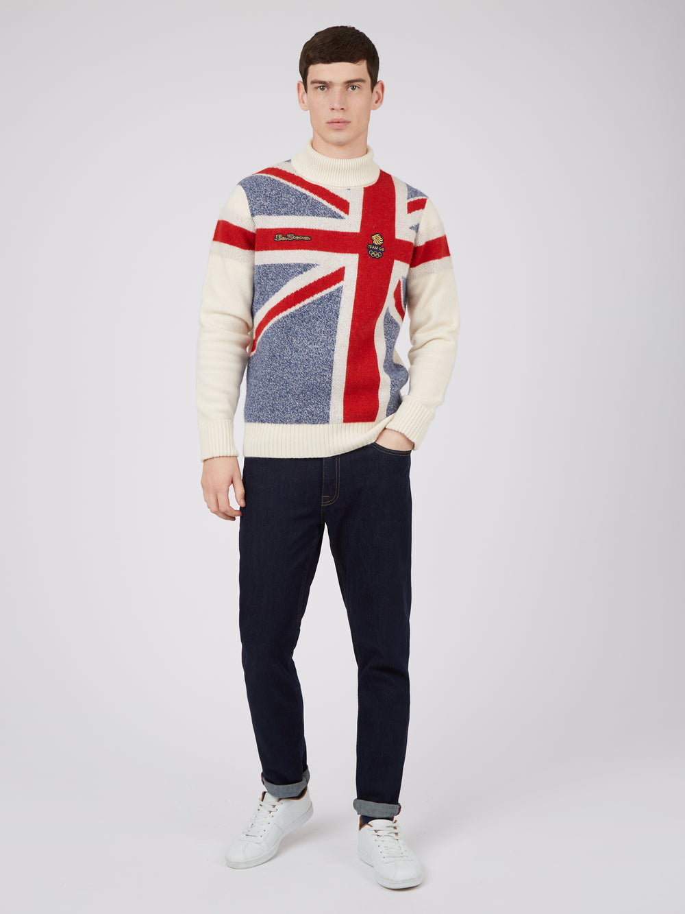 Team GB, Ben Sherman sweater, knitwear, Official 2022 Winter Olympics, Limited Edition Great Britain sweater, Beijing, GB flag, cream, roll neck full