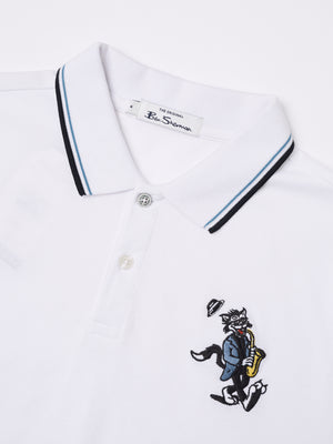 Jazz Cat Embroidered Polo - White