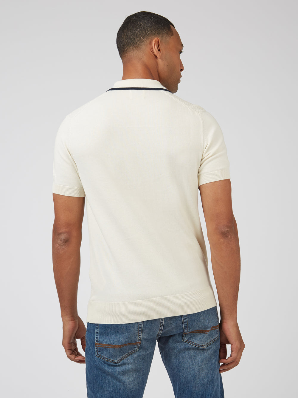 Textured Knit Contrast Tip Polo - Ivory