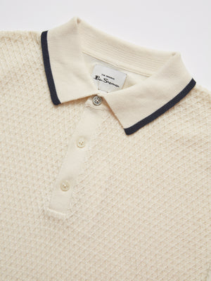 Textured Knit Contrast Tip Polo - Ivory