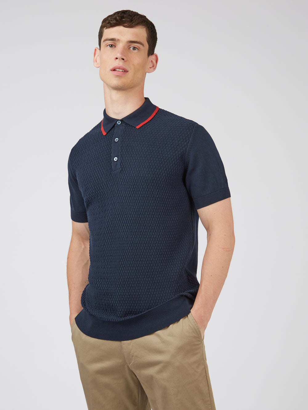 Textured Knit Contrast Tip Polo - Navy - Ben Sherman