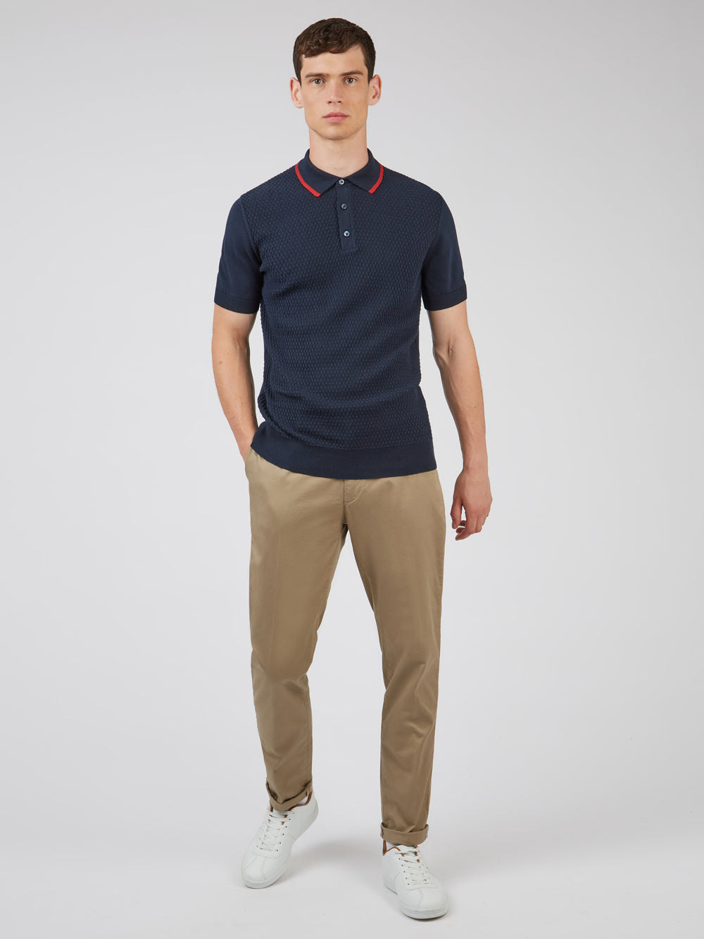 Textured Knit Contrast Tip Polo - Navy - Ben Sherman