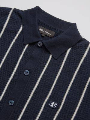 B by Ben Sherman Striped Button-Down Knit Polo - Navy