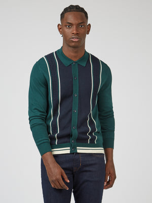 Ben Sherman, Mod Striped Long-Sleeve Knit Polo, Best-Selling Sweater Polo, Men's Knit Polo Sweater, Green Polo, Button-Through Navy and Green Polo Shirt, Model Shot Fitted