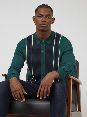 Ben Sherman, Mod Striped Long-Sleeve Knit Polo, Best-Selling Sweater Polo, Men's Knit Polo Sweater, Green Polo, Button-Through Navy and Green Polo Shirt, Model Shot