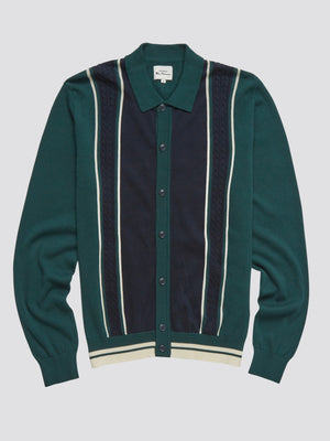 Ben Sherman, Mod Striped Long-Sleeve Knit Polo, Best-Selling Sweater Polo, Men's Knit Polo Sweater, Green Polo, Button-Through Navy and Green Polo Shirt, flat lay