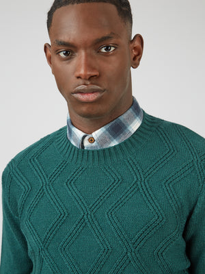 Chunky Cable-Knit Crewneck Sweater - Ocean Green