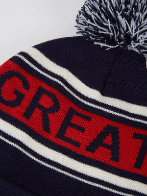 Team GB, Ben Sherman hat, Winter Beanie Accessory, Official 2022 Winter Olympics, Limited Edition Great Britain hat, Opening Ceremony Beijing, Navy, close up