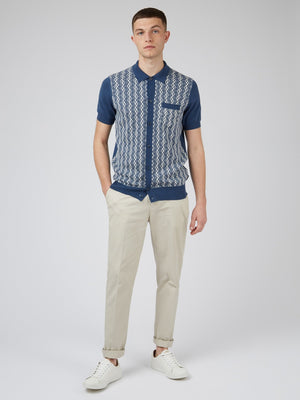 Ben Sherman, Geo Knit Polo, men's sweater polo, blue polo shirt, paired with trousers
