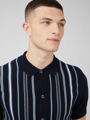 Relaxed Knit Button-Down Polo - Navy