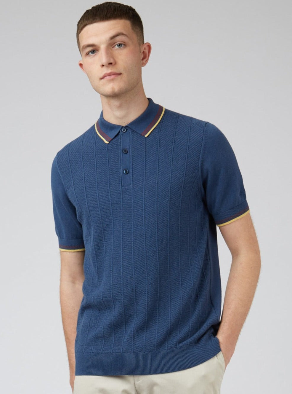 Textured Knit Fitted Polo - Blue Denim - Ben Sherman
