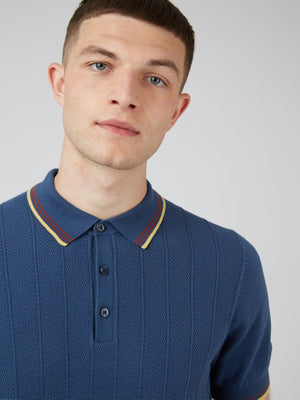 Textured Knit Fitted Polo - Blue Denim