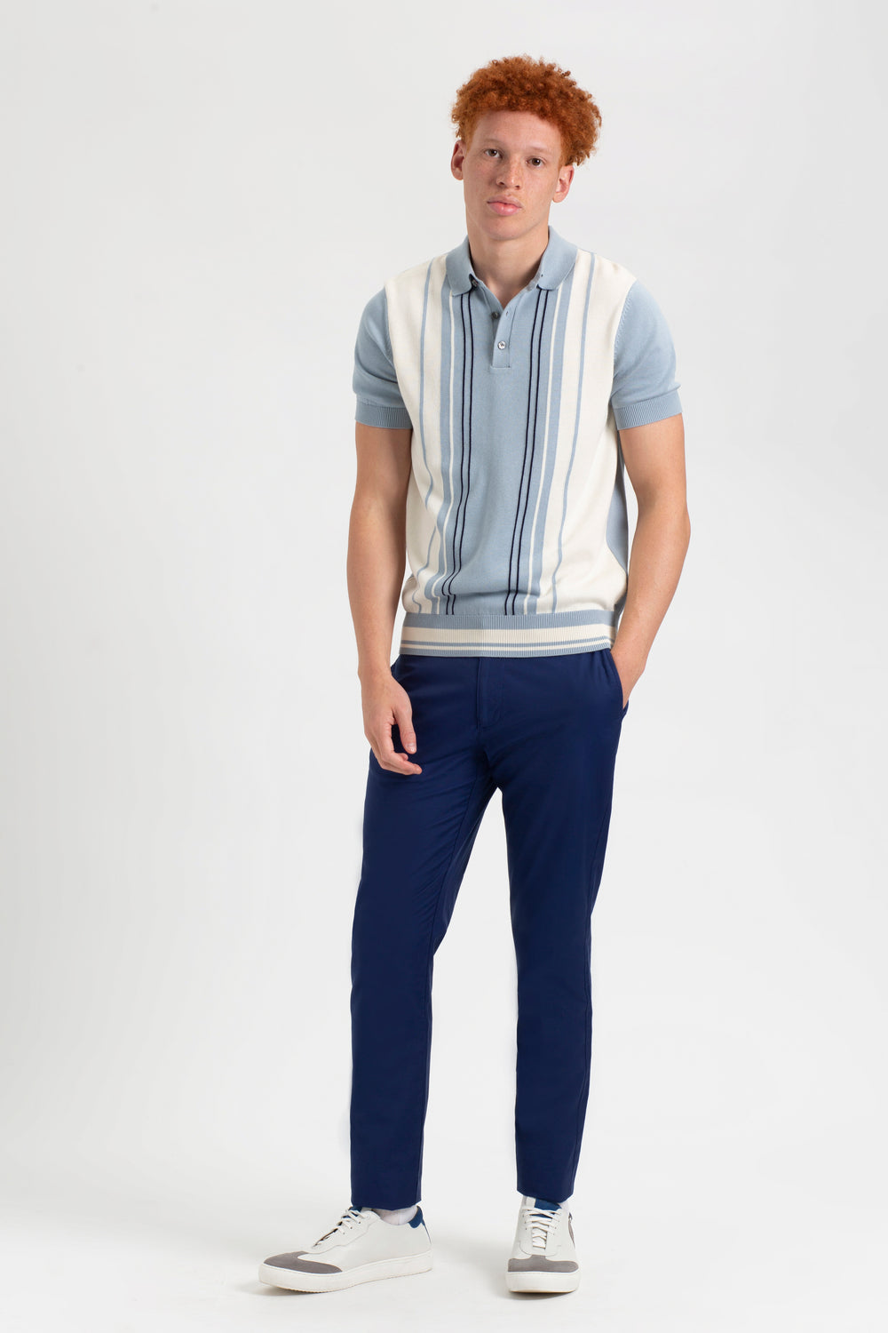 Iconic Vertical Textured Stripe Mod Knit Polo - Light Blue