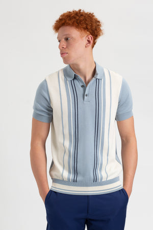 Iconic Vertical Textured Stripe Mod Knit Polo - Light Blue