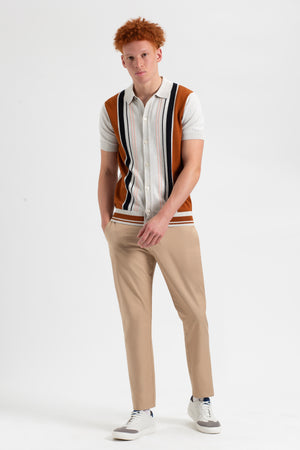 Iconic Vertical Stripe Button-Through Mod Knit Polo - Ivory