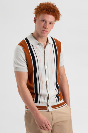 Iconic Vertical Stripe Button-Through Mod Knit Polo - Ivory