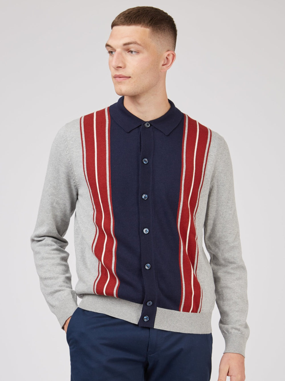 Ben Sherman, Long-Sleeve Knit Polo, Men's Sweater Polo, gray, navy, Spring Polo, Collared Sweater Polo, model hand in pocket
