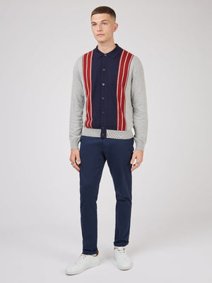 Ben Sherman, Long-Sleeve Knit Polo, Men's Sweater Polo, gray, navy, Spring Polo, Collared Sweater Polo, full model