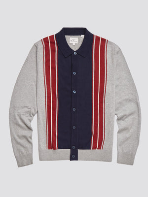 Ben Sherman, Long-Sleeve Knit Polo, Men's Sweater Polo, gray, navy, Spring Polo, Collared Sweater Polo, flat lay