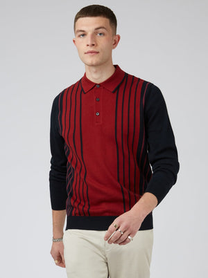 Ben Sherman, Long-Sleeve Knit Polo, Men's Sweater Polo, Red, Black Polo, Collared Sweater Polo, model in khaki trousers