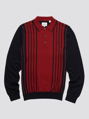 Ben Sherman, Long-Sleeve Knit Polo, Men's Sweater Polo, Red, Black Polo, Collared Sweater Polo, flat lay