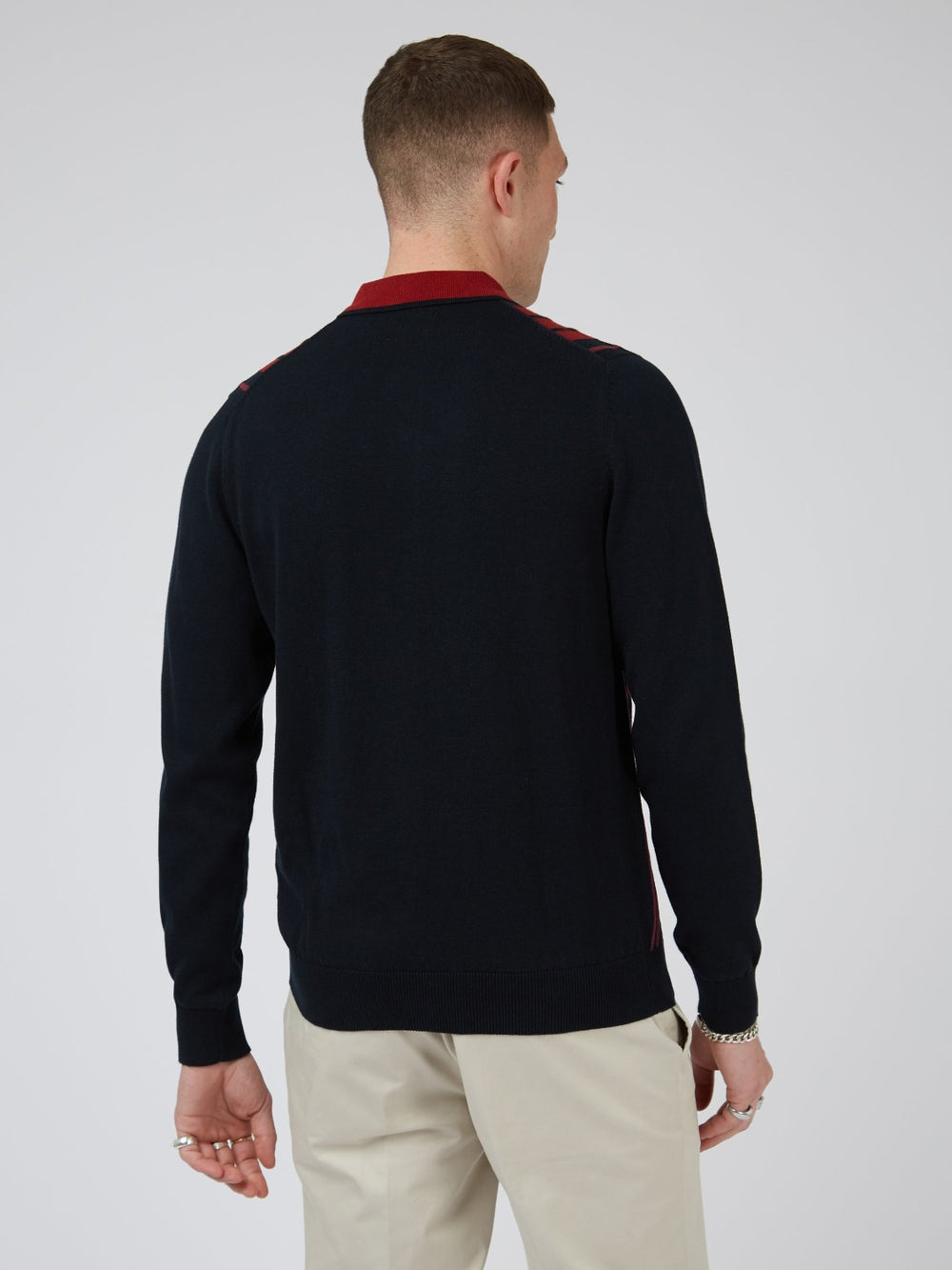 Ben Sherman, Long-Sleeve Knit Polo, Men's Sweater Polo, Red, Black Polo, Collared Sweater Polo,back