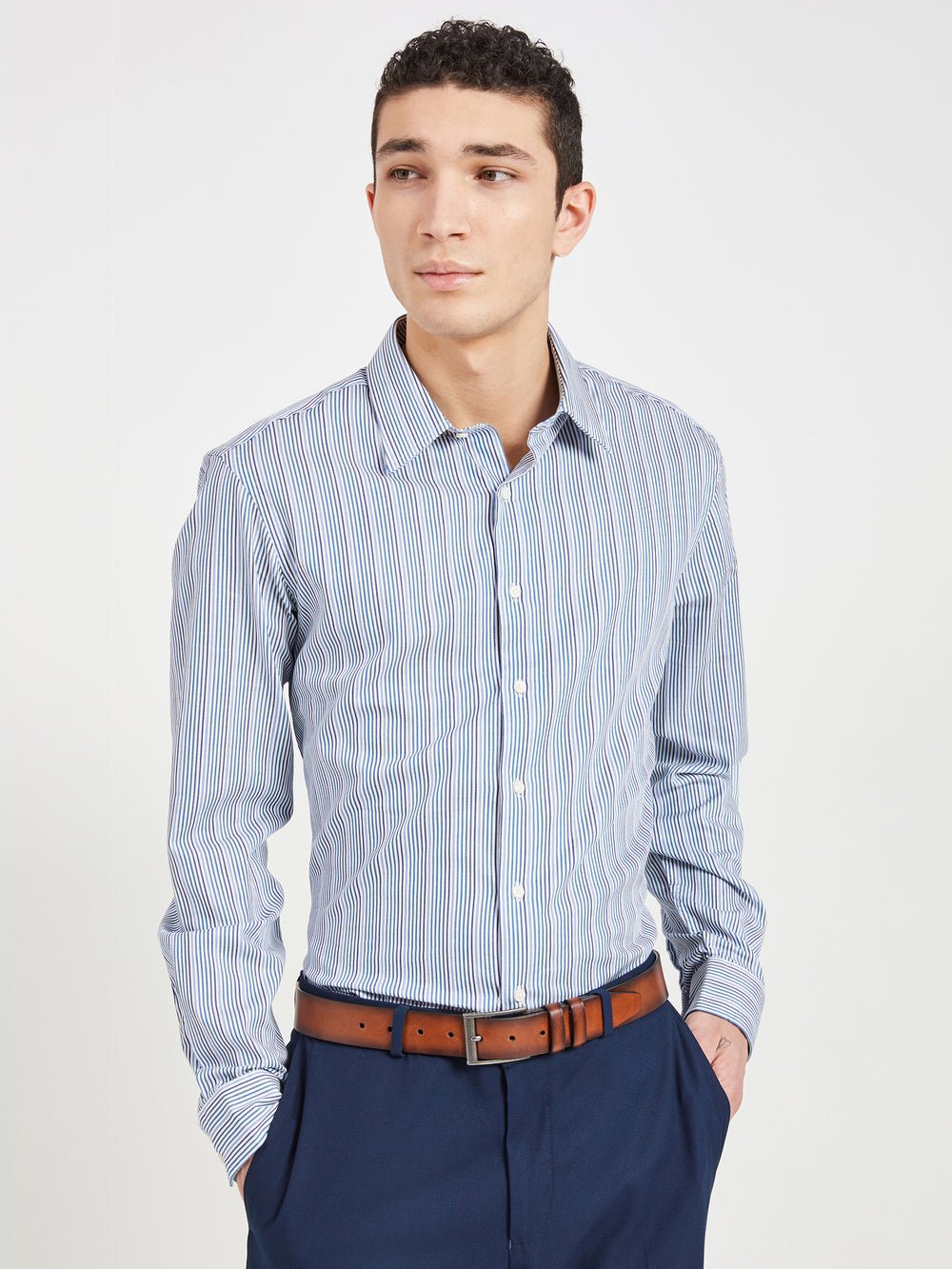 Sateen Stripe Slim Fit Dress Shirt - Teal/Blue