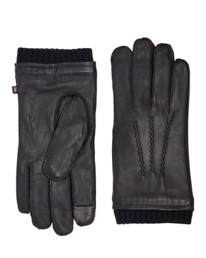 Leather Gloves with Rib Knit Cuff - Black
