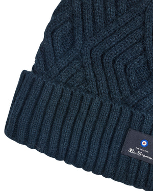 Geometric Knit Rib Cuff Toque Beanie Hat - Navy