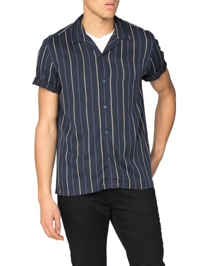 Short-Sleeve Satin Stripe Shirt - Navy Blazer