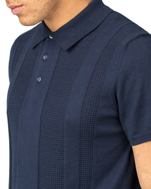 Textured Stripe Front Polo Shirt - Dark Navy