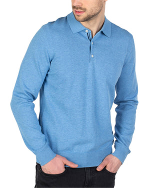Long-Sleeved Knit Polo Shirt - Jazzy Blue