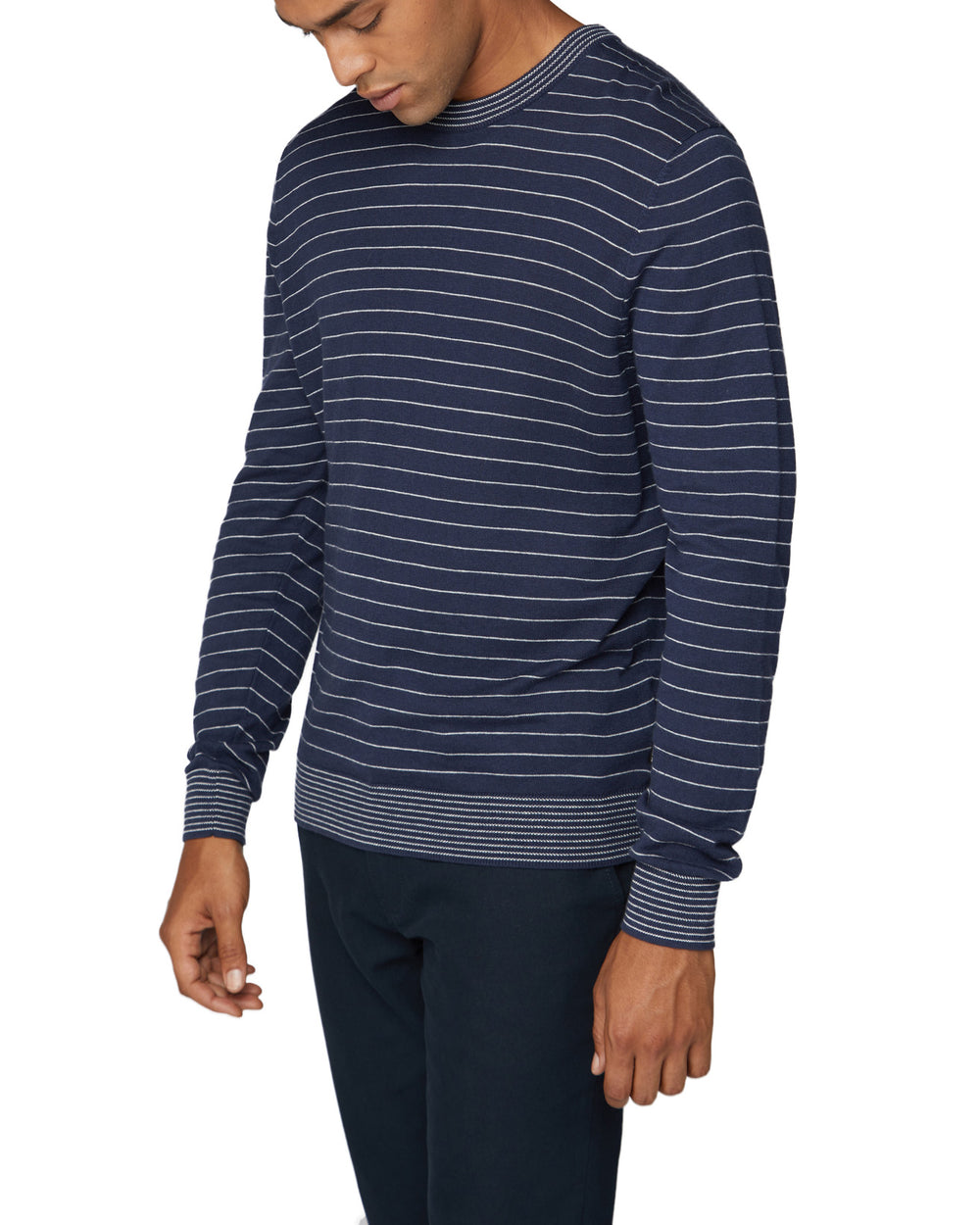 Fine Stripe Knit Crewneck Sweater - Dark Navy