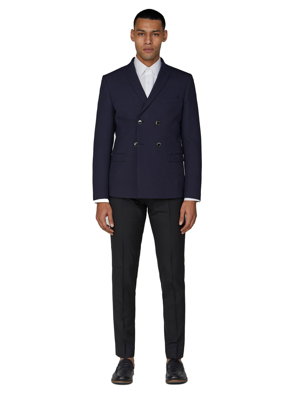 Texture Double-Breasted Suit Jacket - Navy - Ben Sherman