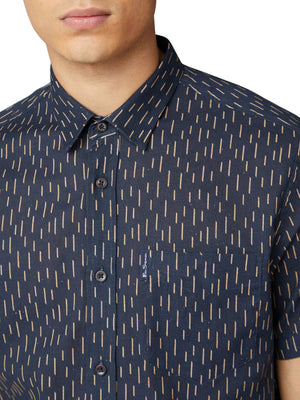 Short-Sleeve Linen Striped Shirt - Dark Navy