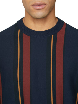 Knitted Mod Stripe Crewneck Sweater - Dark Navy