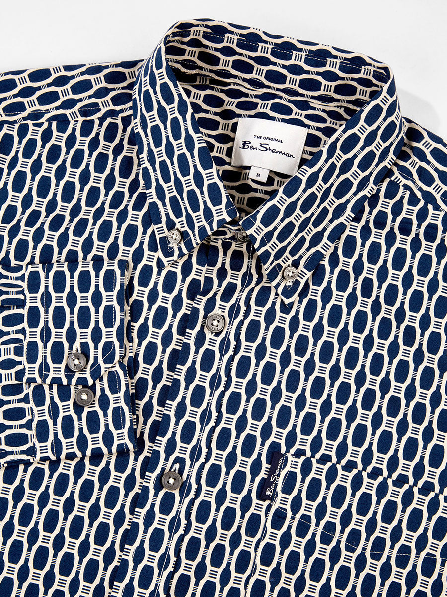 Long-Sleeve Abstract-Print Shirt - Dark Blue