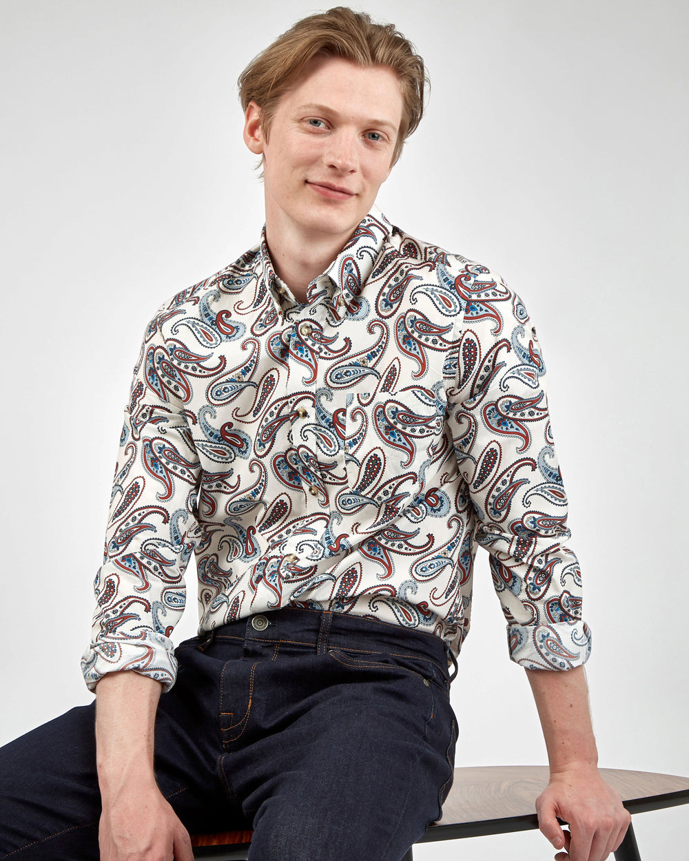 Long-Sleeve Large Paisley-Print Shirt - Ivory - Ben Sherman