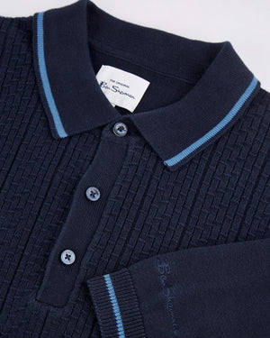 Short-Sleeve Textured-Front Knit Polo - Dark Navy