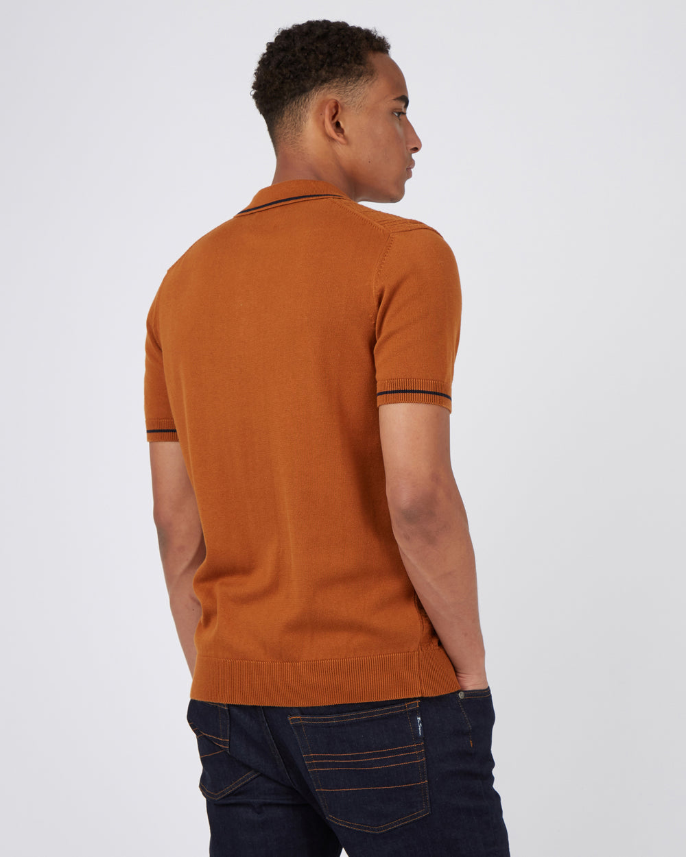 Short-Sleeve Textured-Front Knit Polo - Caramel