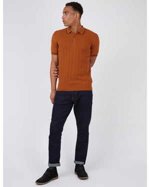 Short-Sleeve Textured-Front Knit Polo - Caramel
